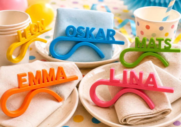 Personalisierte Namensklemmen aus dem 3D-Druck für Kindergeburtstag